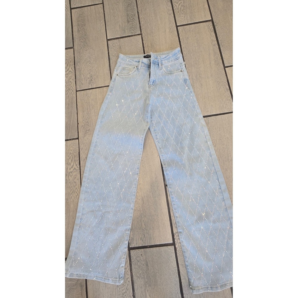Fire & Rain Rhinestone Diamond Grid Wide Leg Jeans Light Wash Size 0